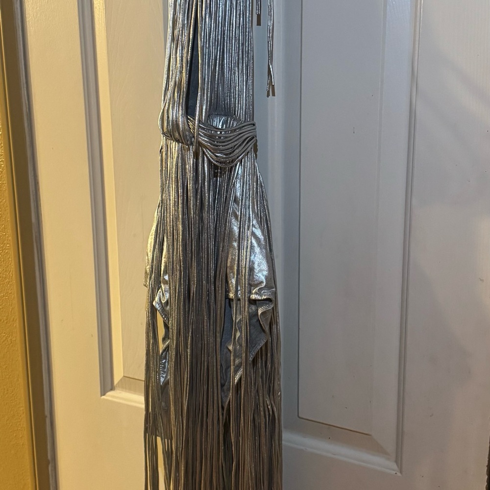 AREA Silver Backless Fringe Dress